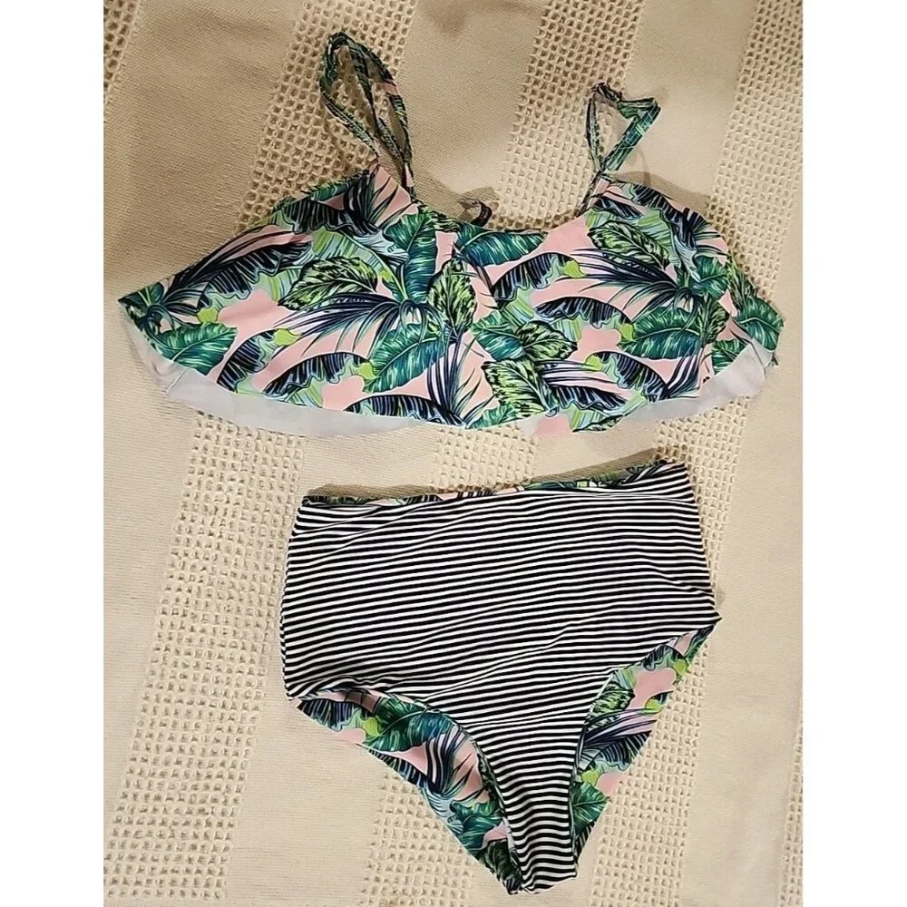 Tropical‎ Bikini Swimsuit Set Womens Sz S  Reversable High Waisted Bottoms EUC